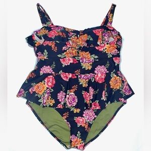 Terra & Sky One-Piece Swimsuit Navy with Pink & Orange Floral Print and Ruffle
